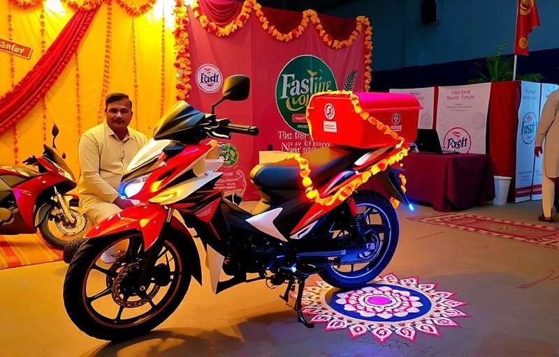 Fast Courier Diwali Event Fast Courier Diwali event showing a decorated delivery motorcycle with lights and rangoli patterns