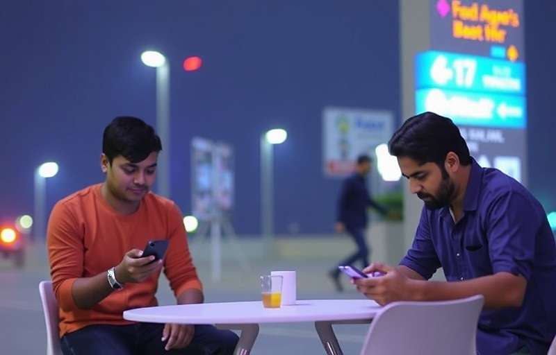 Indian Fast Courier Players Indian gamers playing Fast Courier on their mobile phones during a break