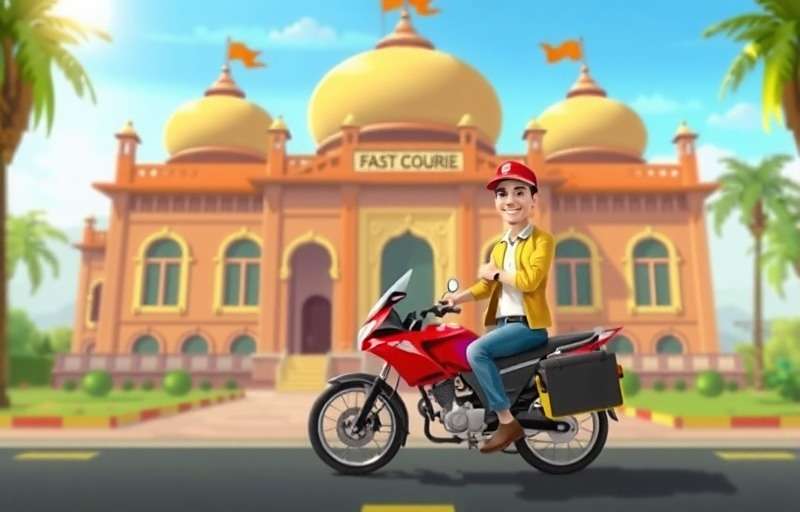 Fast Courier Delivery Fast Courier game showing delivery executive with a package in front of a Indian-style building